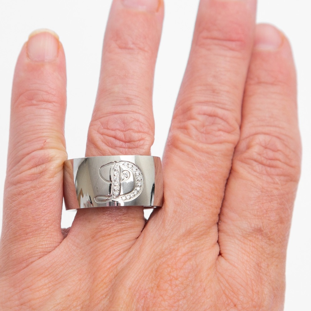 Silver thick band contemporary ring letter D pave setting Steel by Design 11